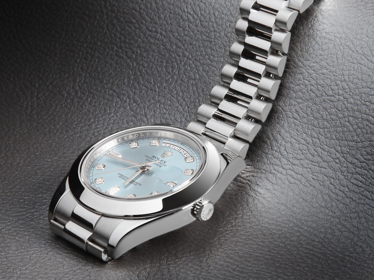 Rolex President Day-Date 41 Blue Diamond Dial Platinum Mens Watch 218206