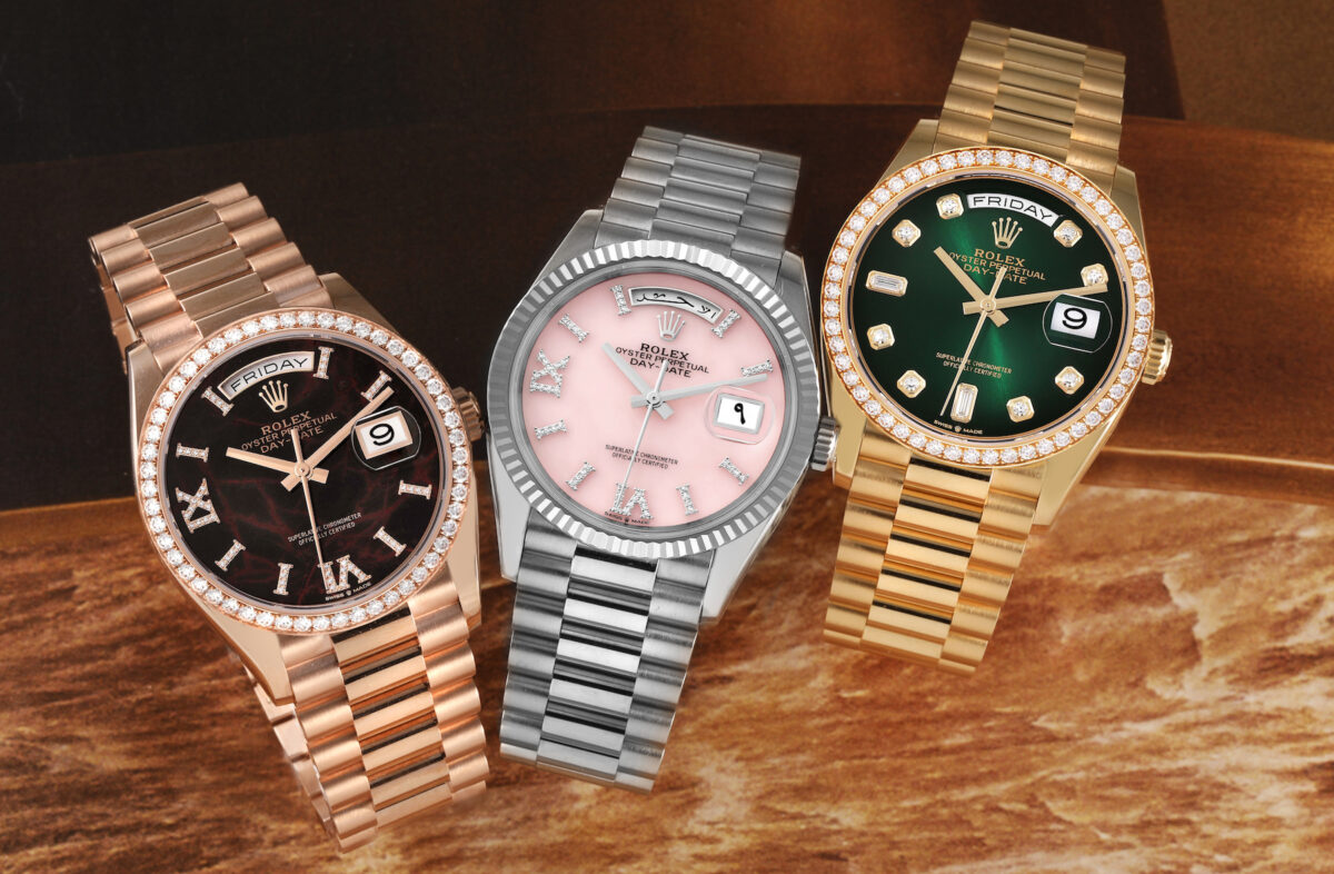 Decorative Rolex Bezels - Rolex Day-Date Watches in Everose Gold, White Gold, and Yellow Gold