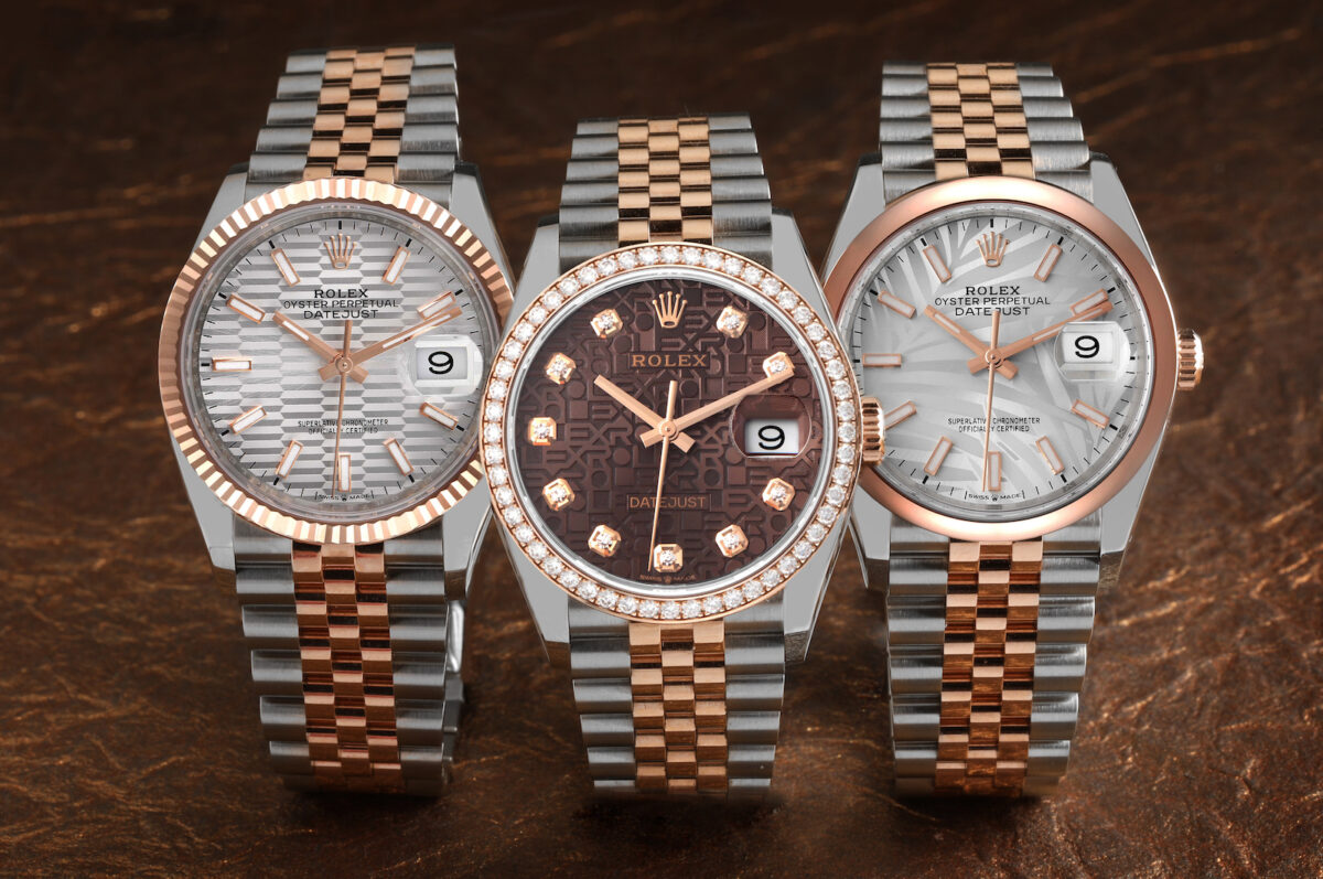 Rolex Datejust Steel Everose Gold Watches with Palm Dial, Jubilee Dial, and Fluted Dial Motif