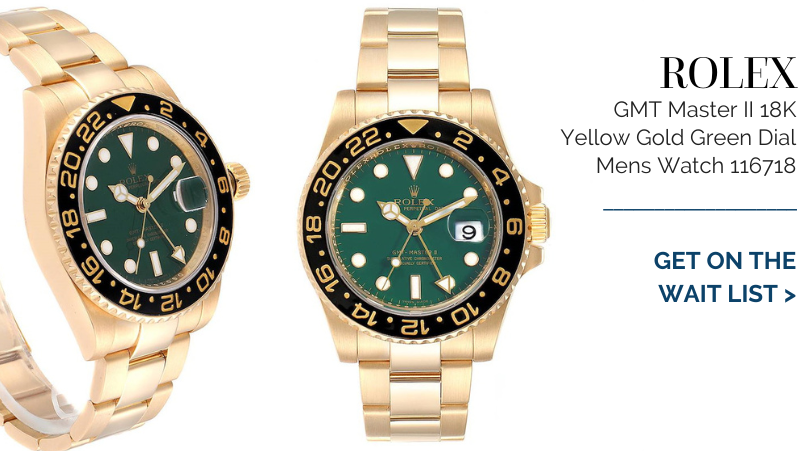 Rolex GMT Master II 18K Yellow Gold Green Dial Mens Watch 116718
