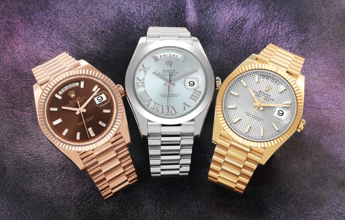 Rolex Day-Date 40 Everose Gold, Day-Date II Platinum, and Day-Date 40 Yellow Gold