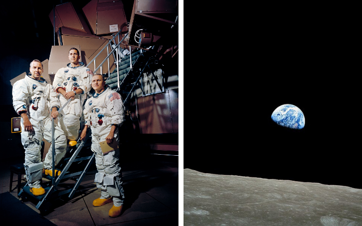 Apollo 8 crew members - James A. Lovell Jr., William A. Anders, and Frank Borman; and Earthrise, a photograph of the Earth taken from lunar orbit during the Apollo 8 mission.