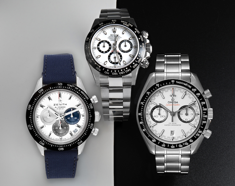 Stainless steel chronographs: Zenith Chronomaster Sport, Rolex Cosmograph Daytona,and Omega Speedmaster