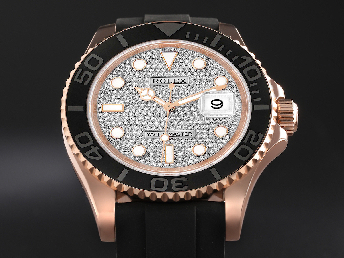 All photos are of the actual watch in stock Rolex Yachtmaster 40mm Rose Gold Diamond Pave Dial Oysterflex Watch 116655
