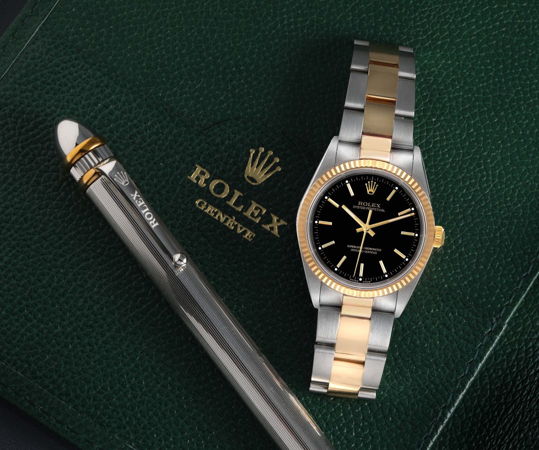 Rolex Oyster Perpetual Steel Yellow Gold Black Dial Mens Watch 14233
