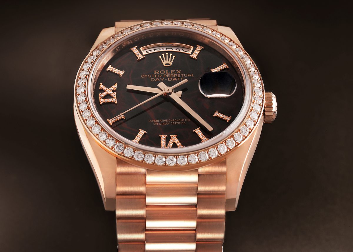 Rolex President Day Date Rose Gold Eisenkiesel Stone Diamond Mens Watch 128345