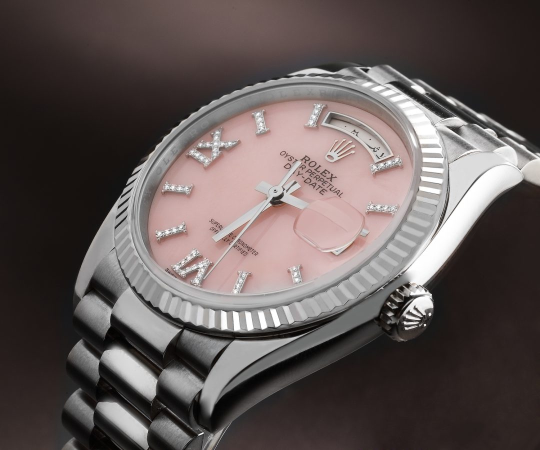 Rolex President Day-Date White Gold Pink Opal Diamond Dial Watch 128239