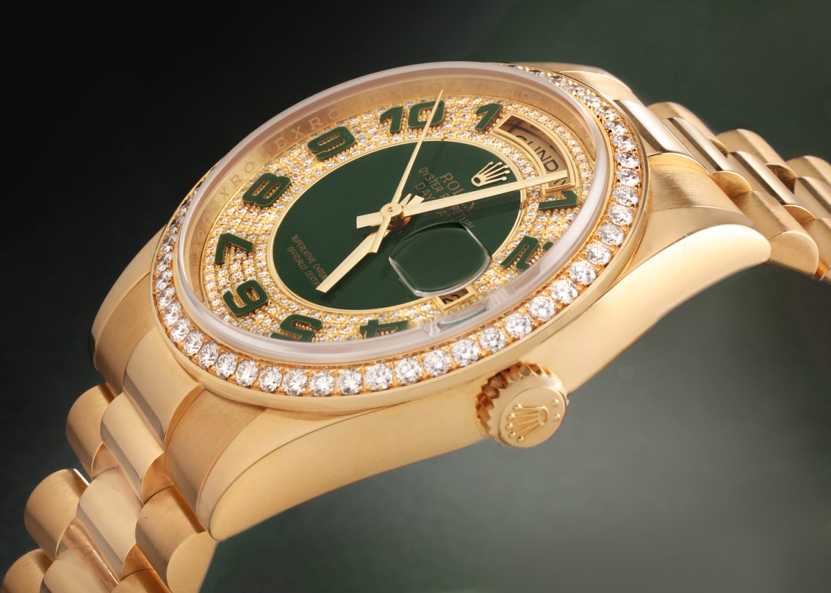 Rolex President Day Date Yellow Gold Green Enamel Diamond Mens Watch 118348