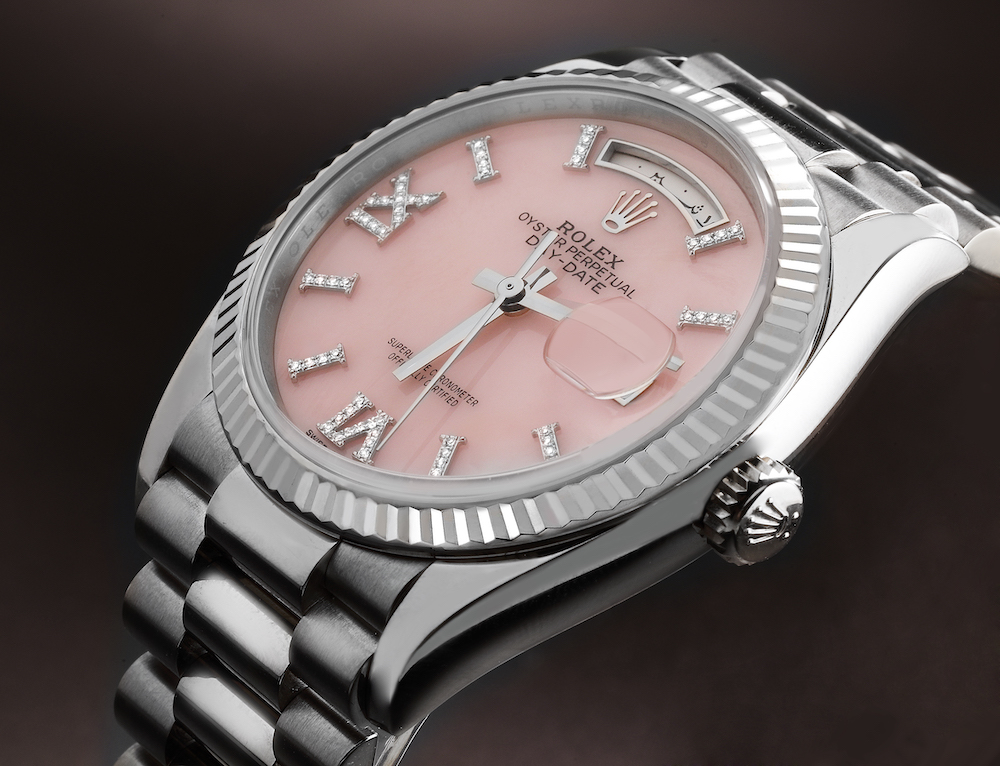 Rolex President Day-Date White Gold Pink Opal Diamond Dial Watch 128239 