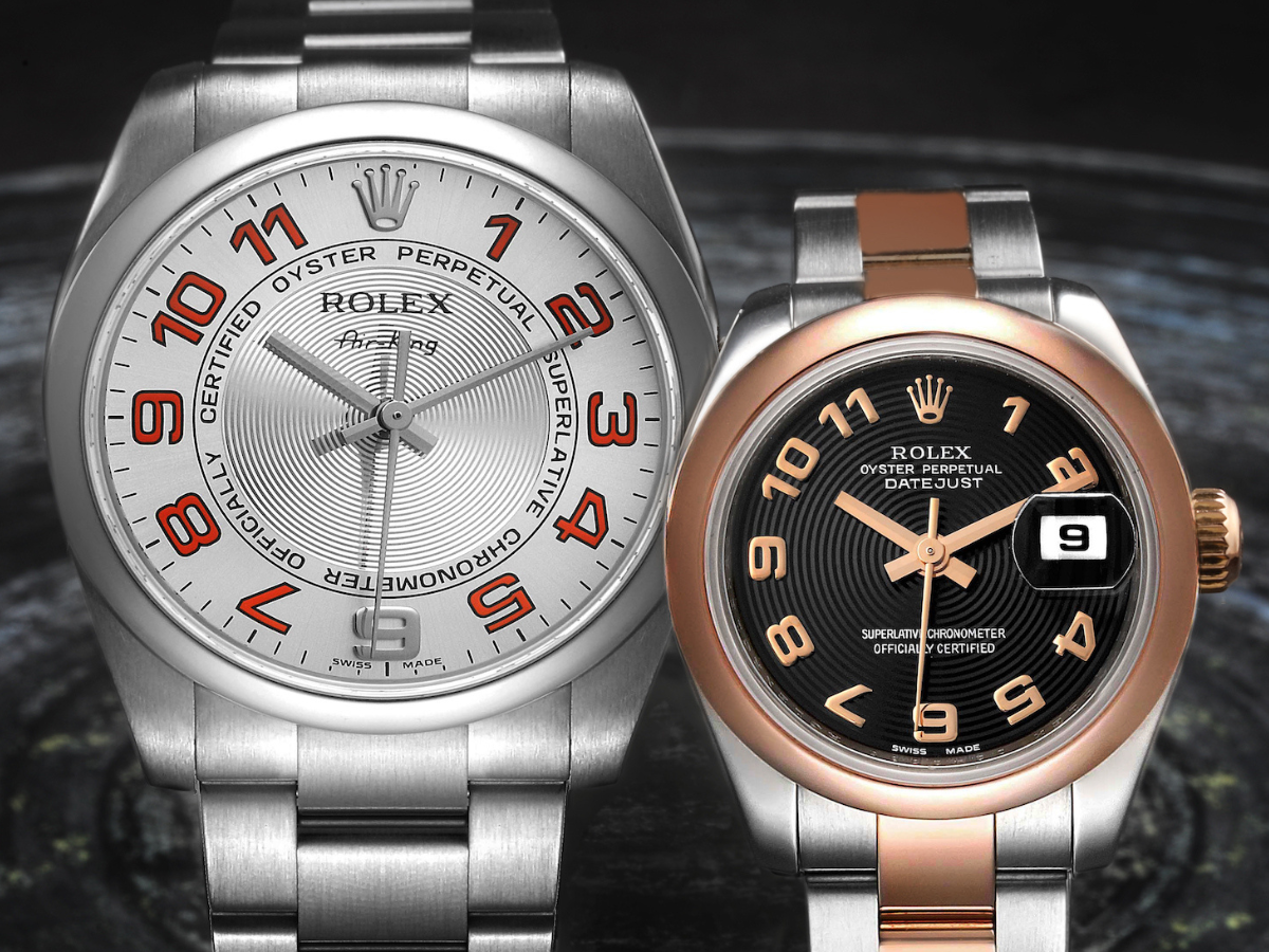 Rolex Air King Concentric Silver Orange Dial Mens Watch 114200 and Rolex Datejust Steel Rose Gold Black Concentric Dial Ladies Watch 179161