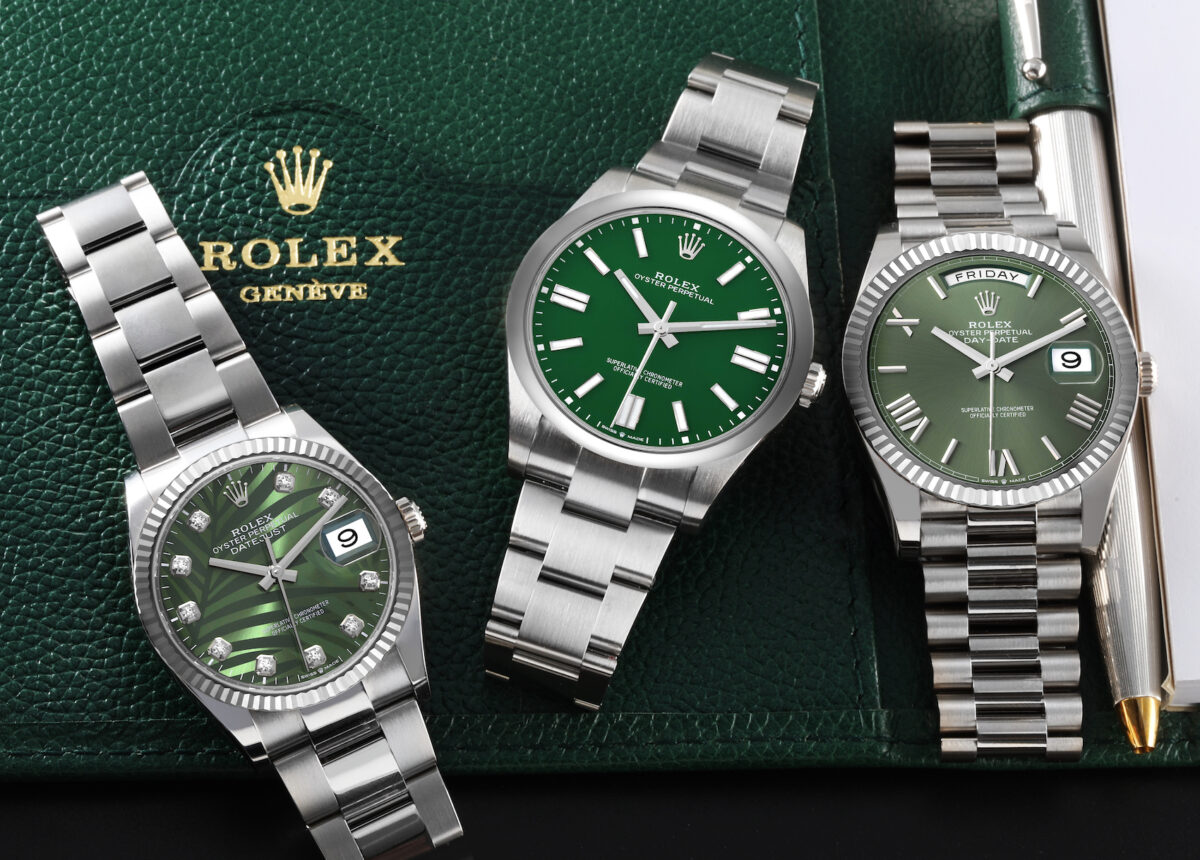 Rolex Datejust Palm Dial, Oyster Perpetual Green Dial, and Day-Date 40 Green Dial
