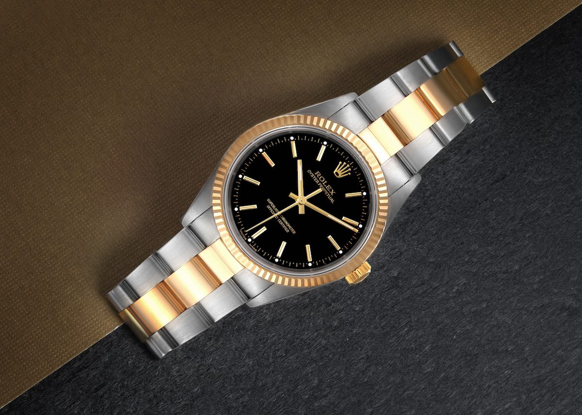 Rolex Oyster Perpetual Steel Yellow Gold Black Dial Watch 14233