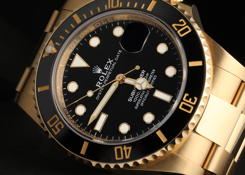 Rolex Submariner Yellow Gold Blue Dial Ceramic Bezel Mens Watch 116618 sideways