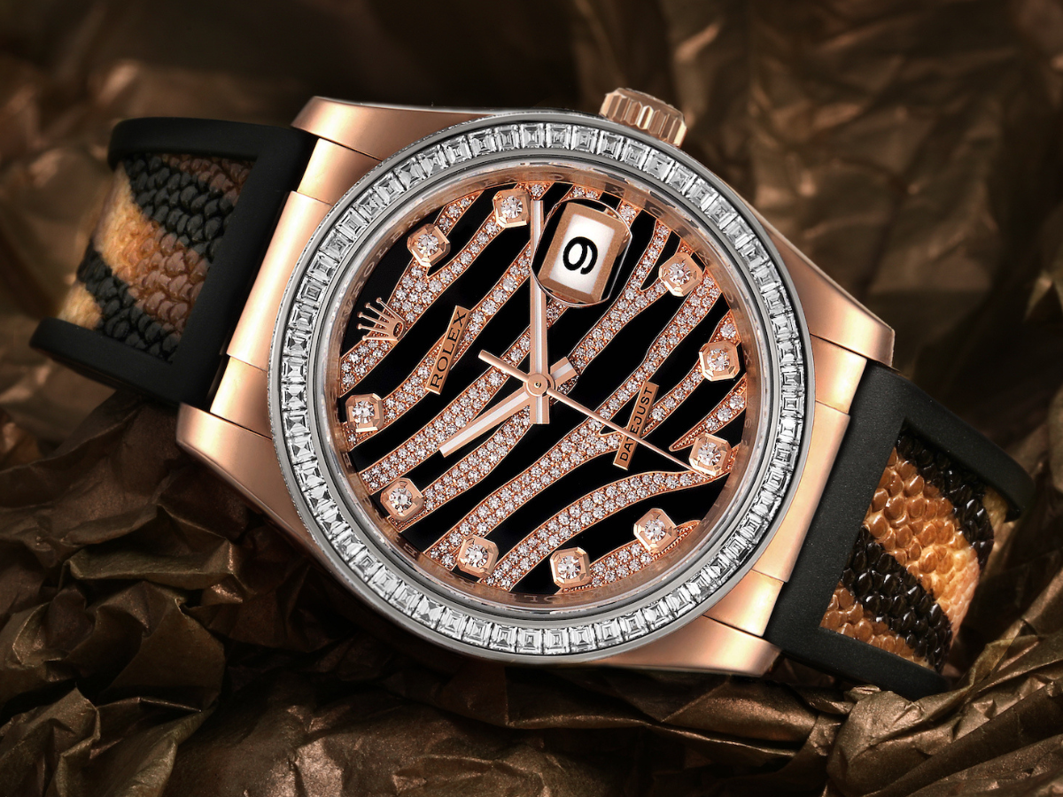 Rolex Datejust Zebra Pave Diamond Dial Rose Gold Mens Watch 116185