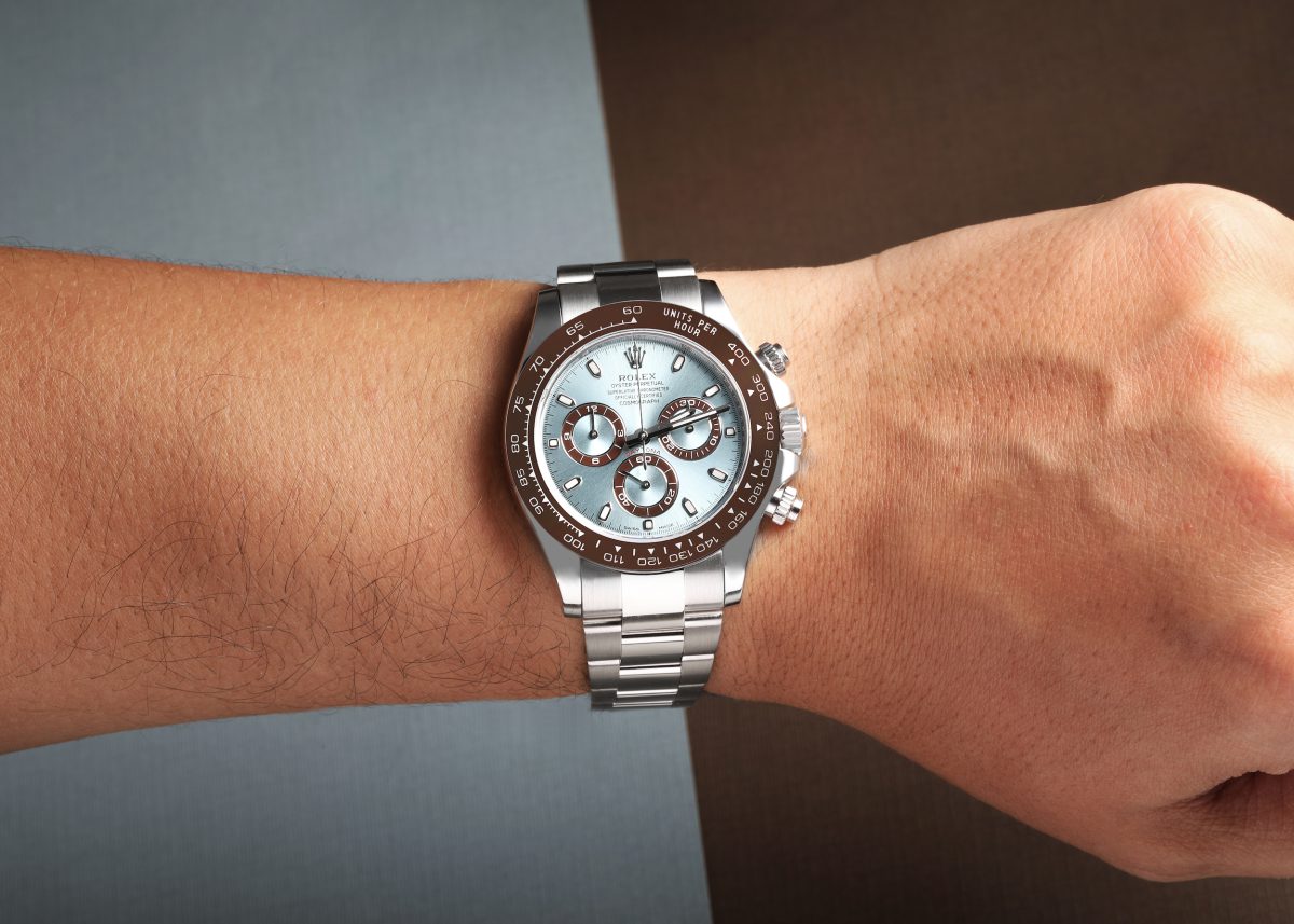 Rolex Daytona Ice Blue Dial Platinum Chronograph Mens Watch 116506 on wrist