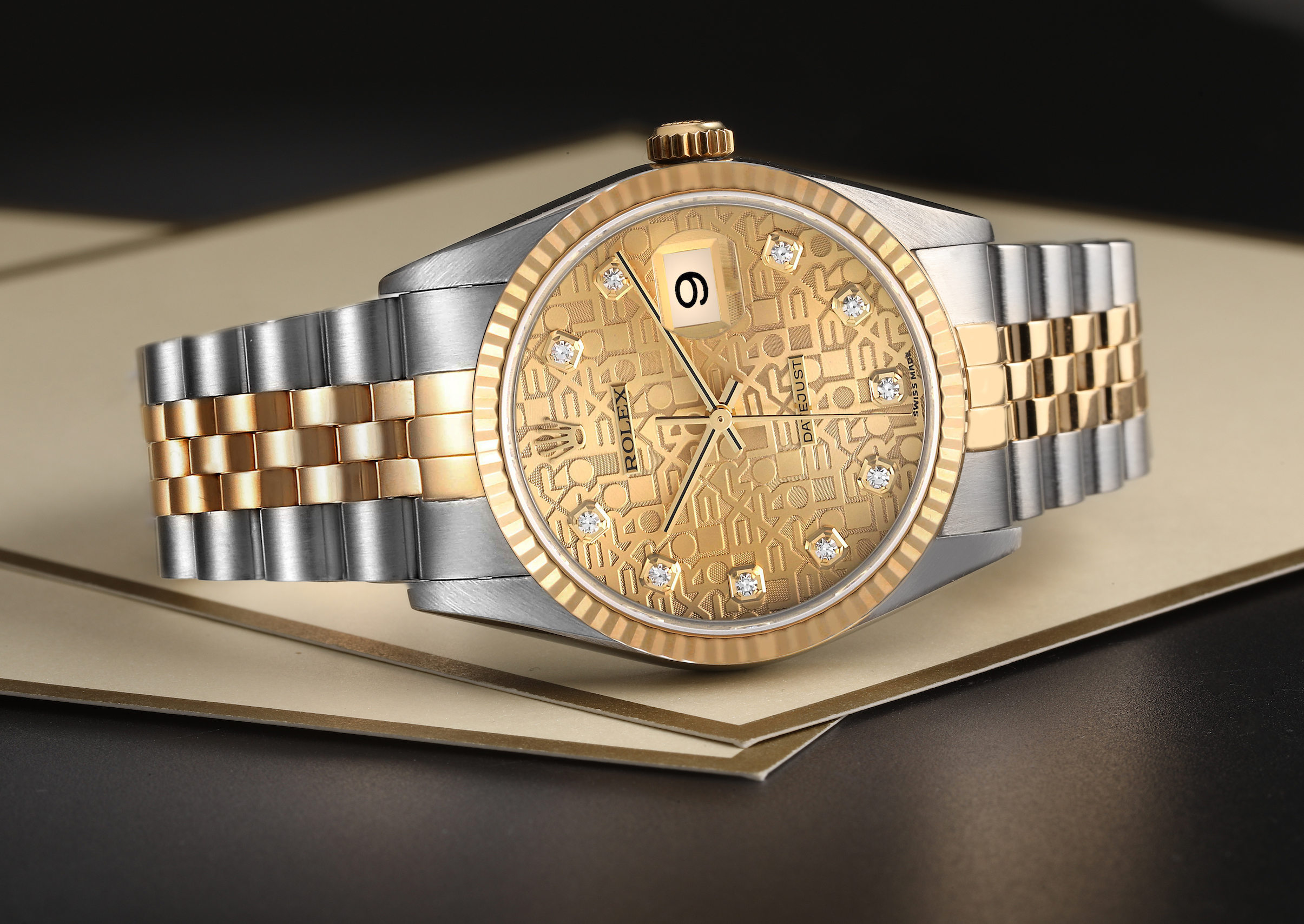 Rolex Datejust Steel Yellow Gold Anniversary Diamond Dial Mens Watch 16233 full
