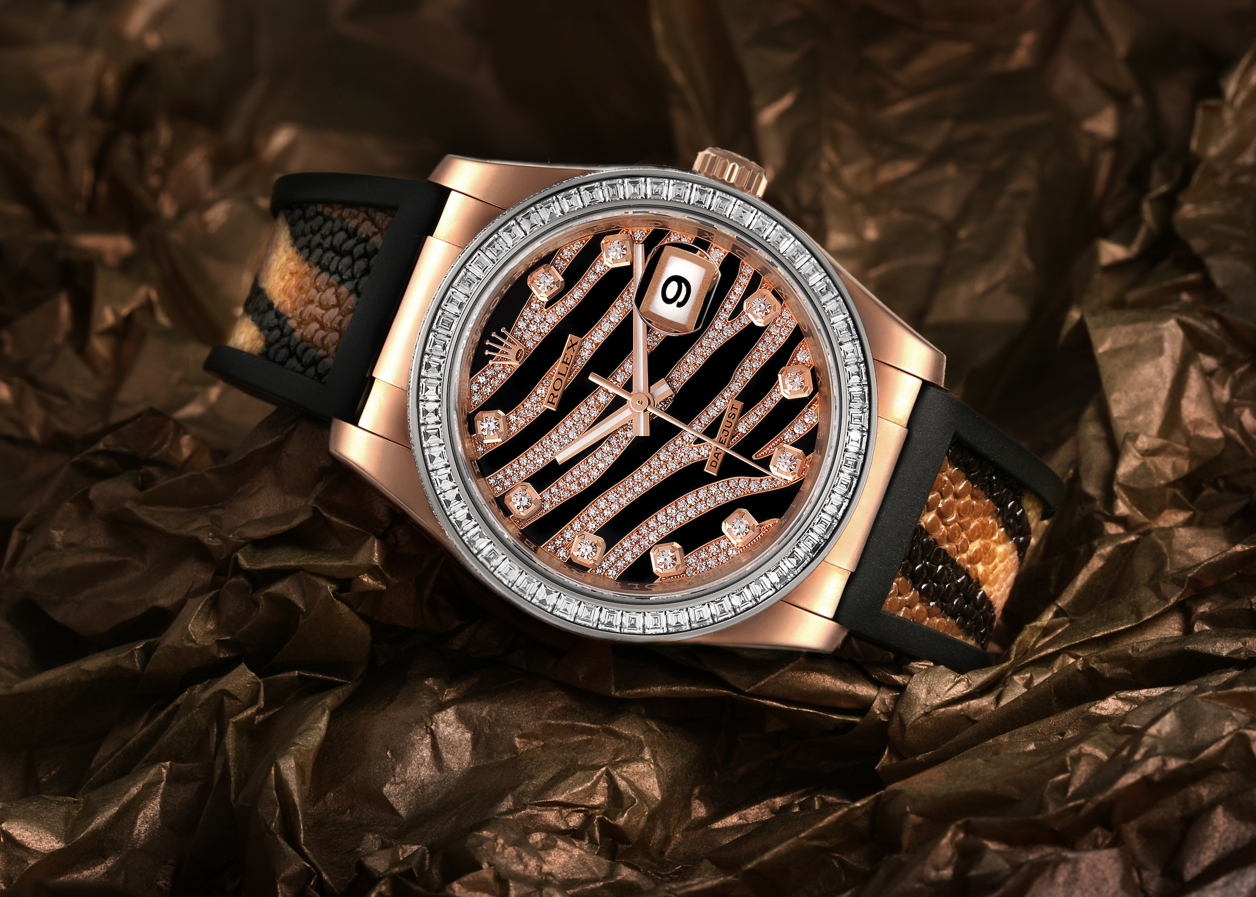 Rolex Datejust Zebra Pave Diamond Dial Rose Gold Mens Watch 116185