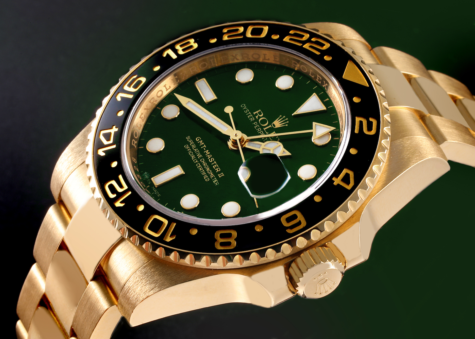 Rolex Yellow Gold Sport Watches - Rolex GMT Master II Yellow Gold Green Dial Mens Watch 116718