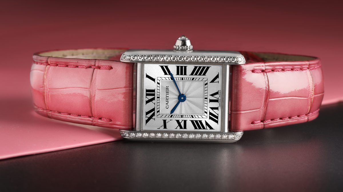Cartier Tank Louis White Gold Diamond Pink Strap Ladies Watch WJTA0011