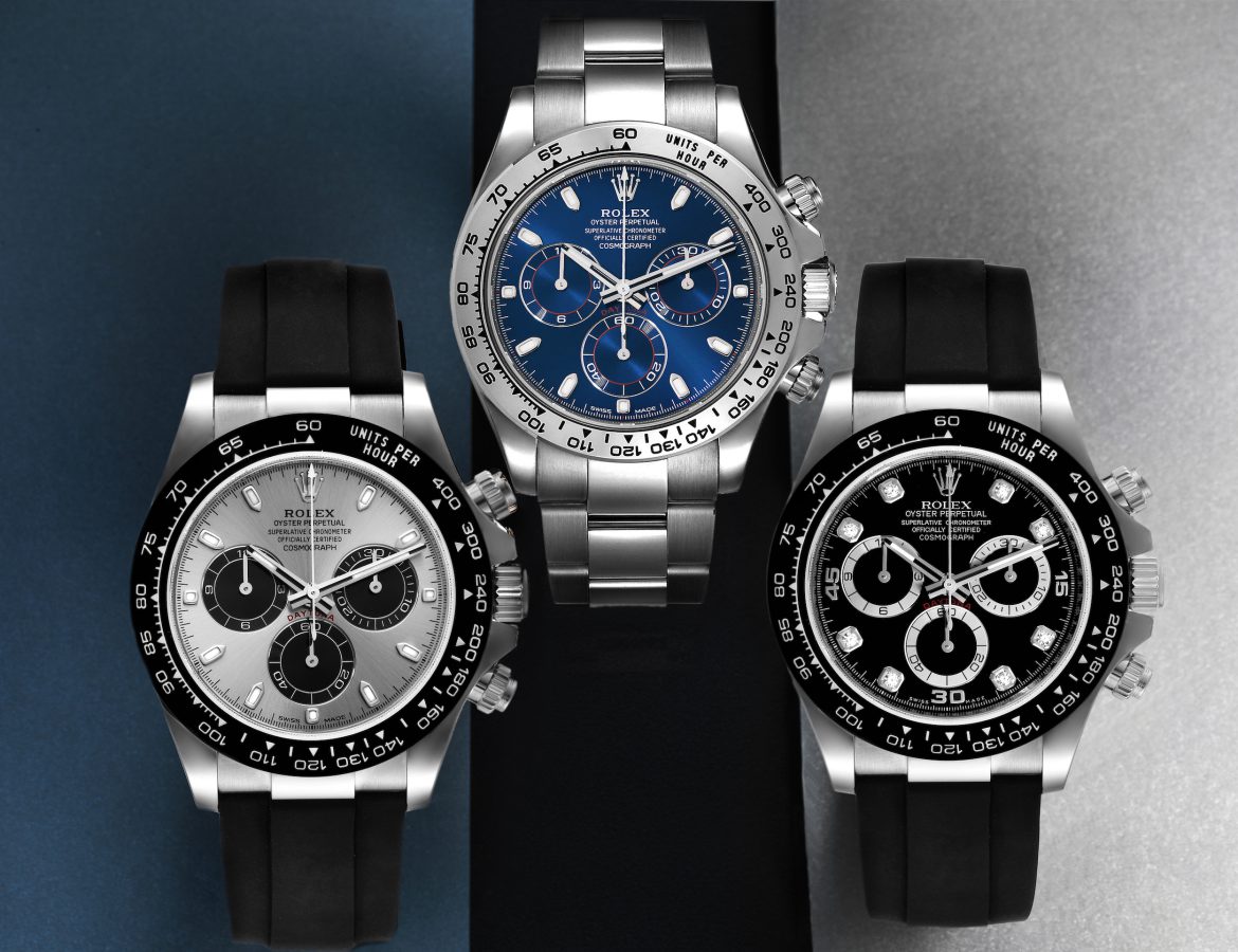 Rolex Daytona 18K White Gold Watches Blue Dial 116509 (center) and Silver and Black Diamond Dial 116519 (left and right)