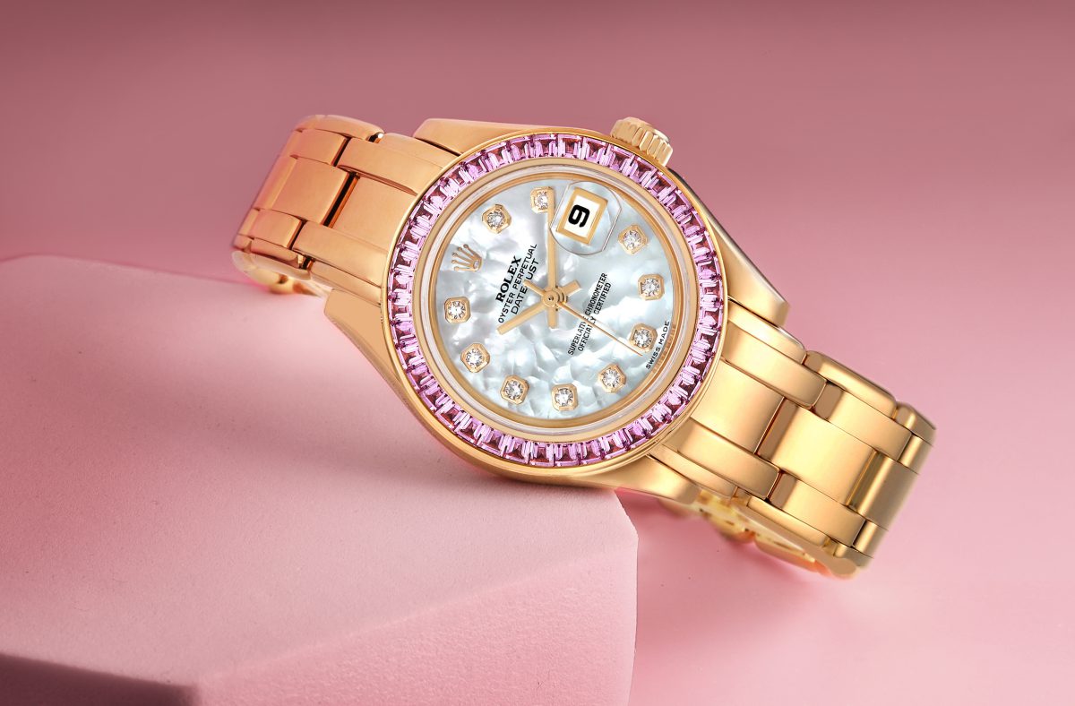 Rolex Pearlmaster Yellow Gold Mother of Pearl Diamond Pink Sapphire Ladies Watch 80308
