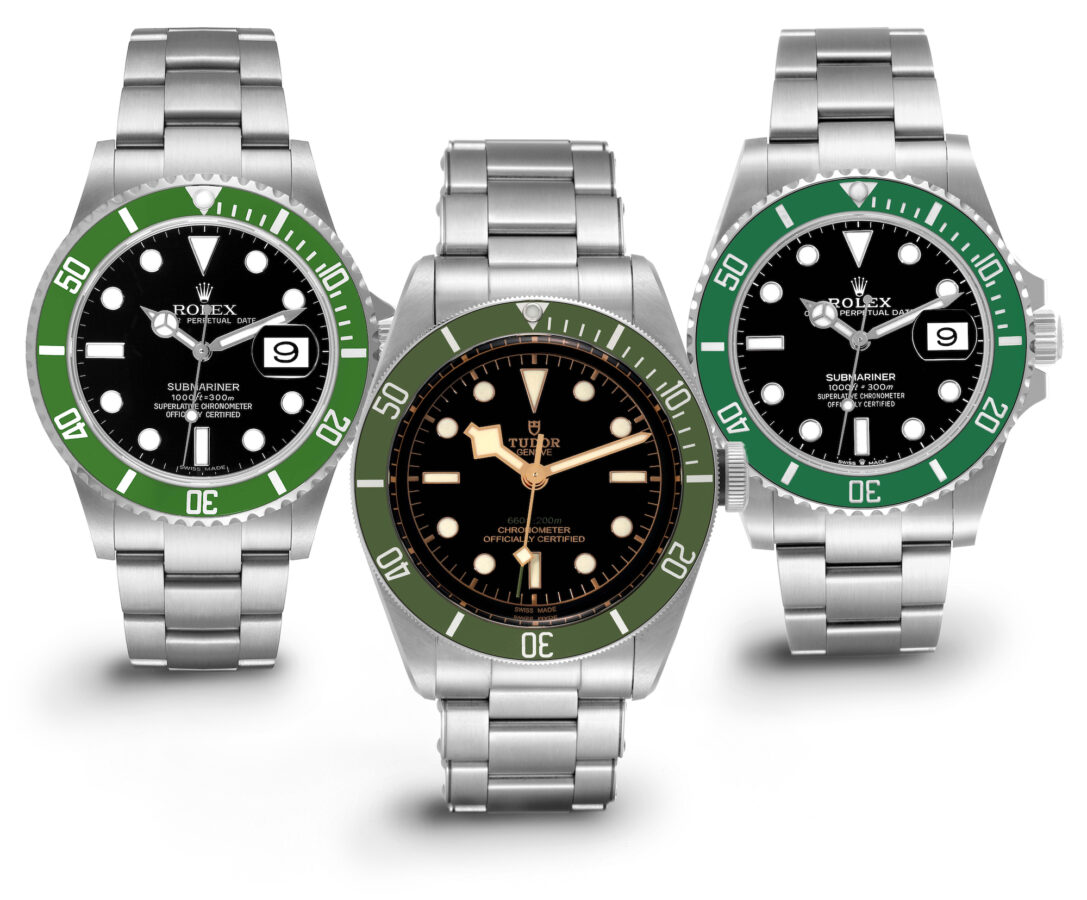 Green Bezel Watches - Rolex Submariner Kermit, Tudor Black Bay Harrods, and Rolex Submariner Kermit Ceramic