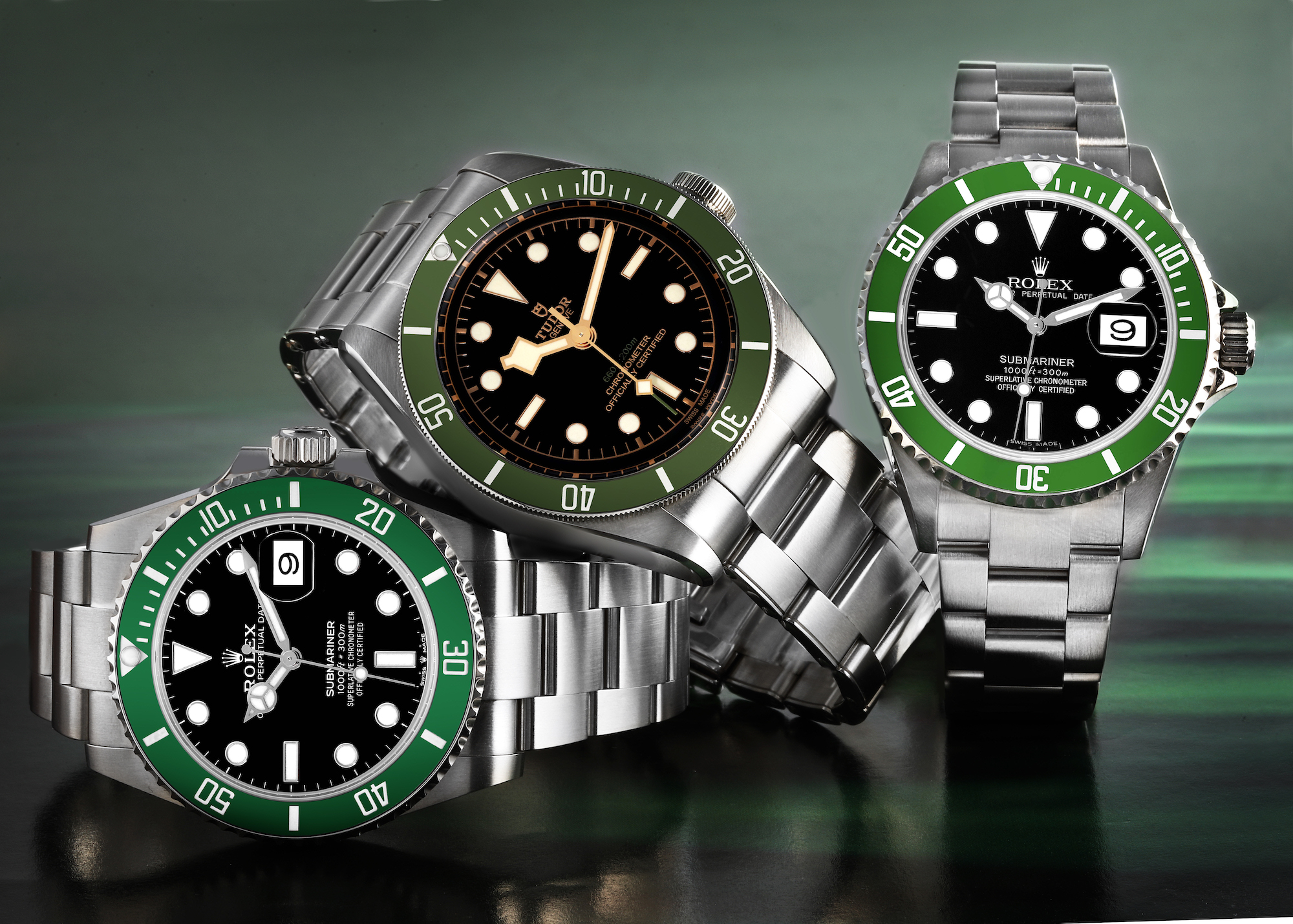 Green Bezel Watches - Rolex Submariner Kermit and Tudor Black Bay Harrods