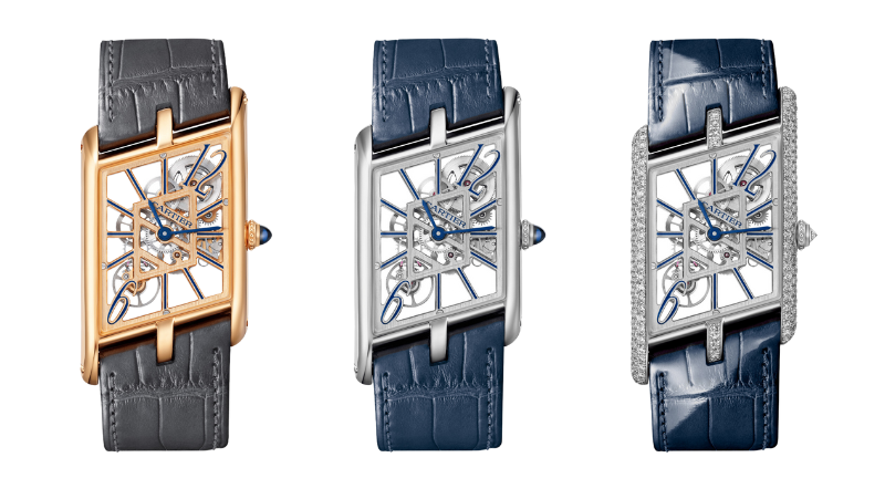 New Cartier Tank Asymetrique Skeleton in Rose Gold, Platinum, and Platinum with Diamonds
