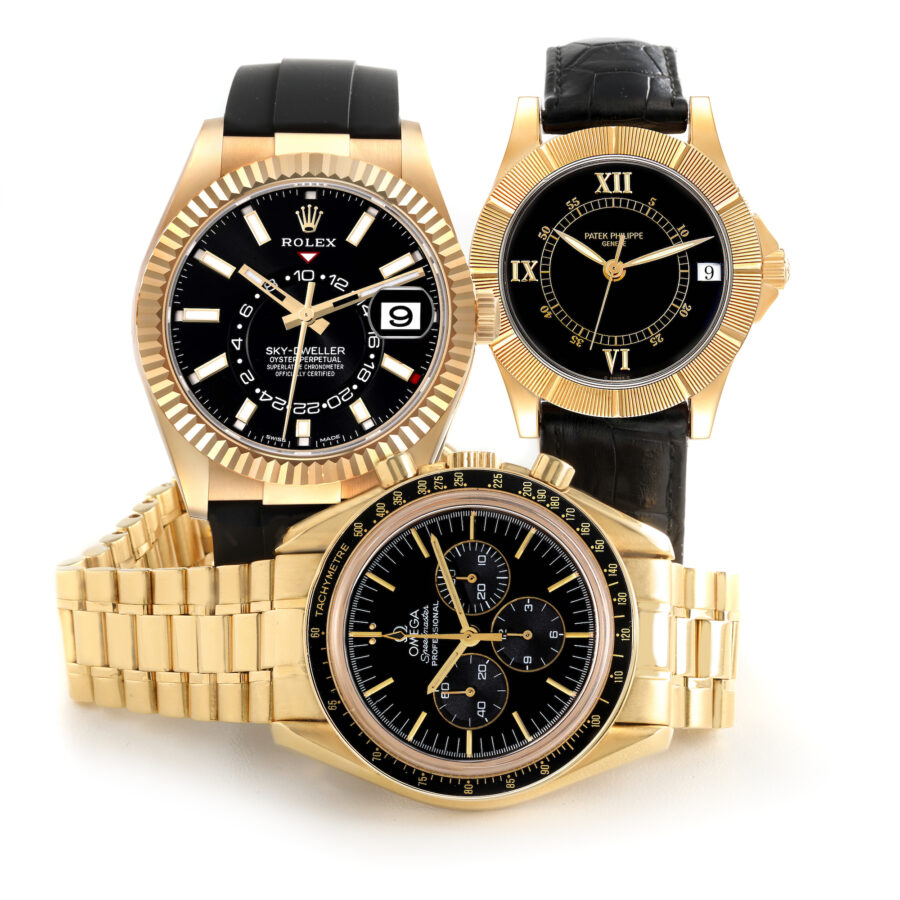 Yellow Gold and Black Watches - Rolex Sky-Dweller, Patek Philippe Neptune, and Omega Speedmaster