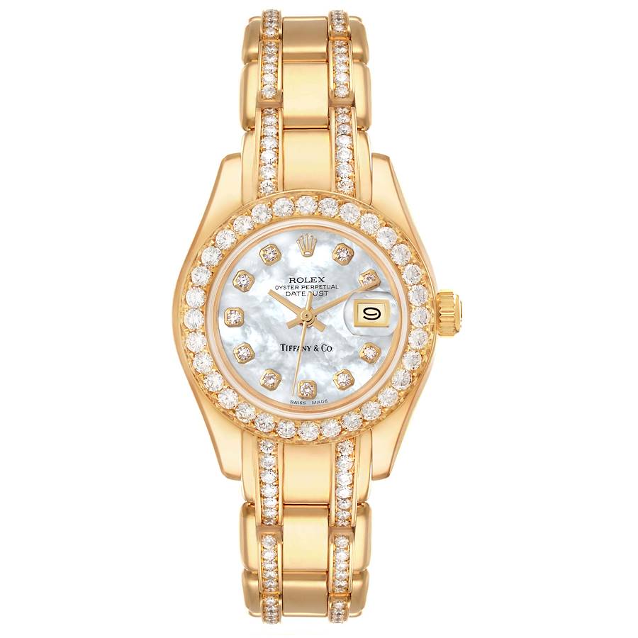 Rolex Pearlmaster Yellow Gold Tiffany Mother Of Pearl Diamond Ladies Watch 69298 