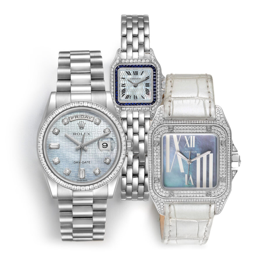 Blue Mother of Pearl Watches - Rolex Day-Date, Cartier Panthere, and Cartier Santos 100
