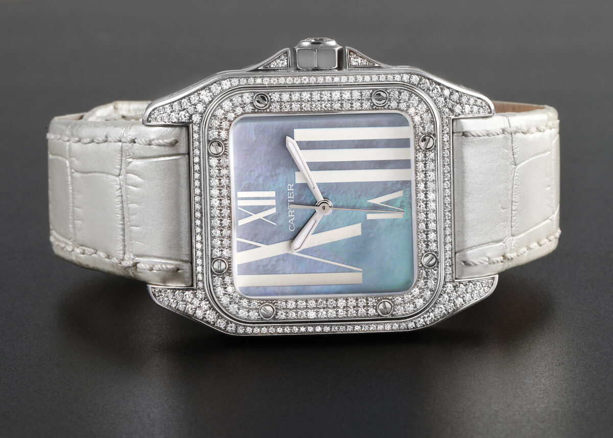 Cartier Santos 100 White Gold Blue Mother of Pearl Diamond Ladies Watch WM503251
