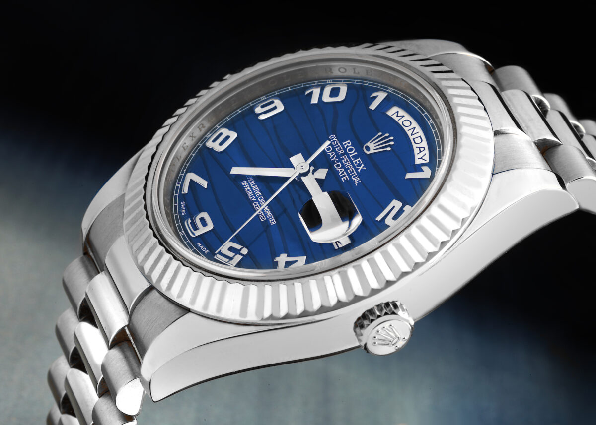 Rolex President Day-Date II White Gold Blue Wave Dial Watch 218239