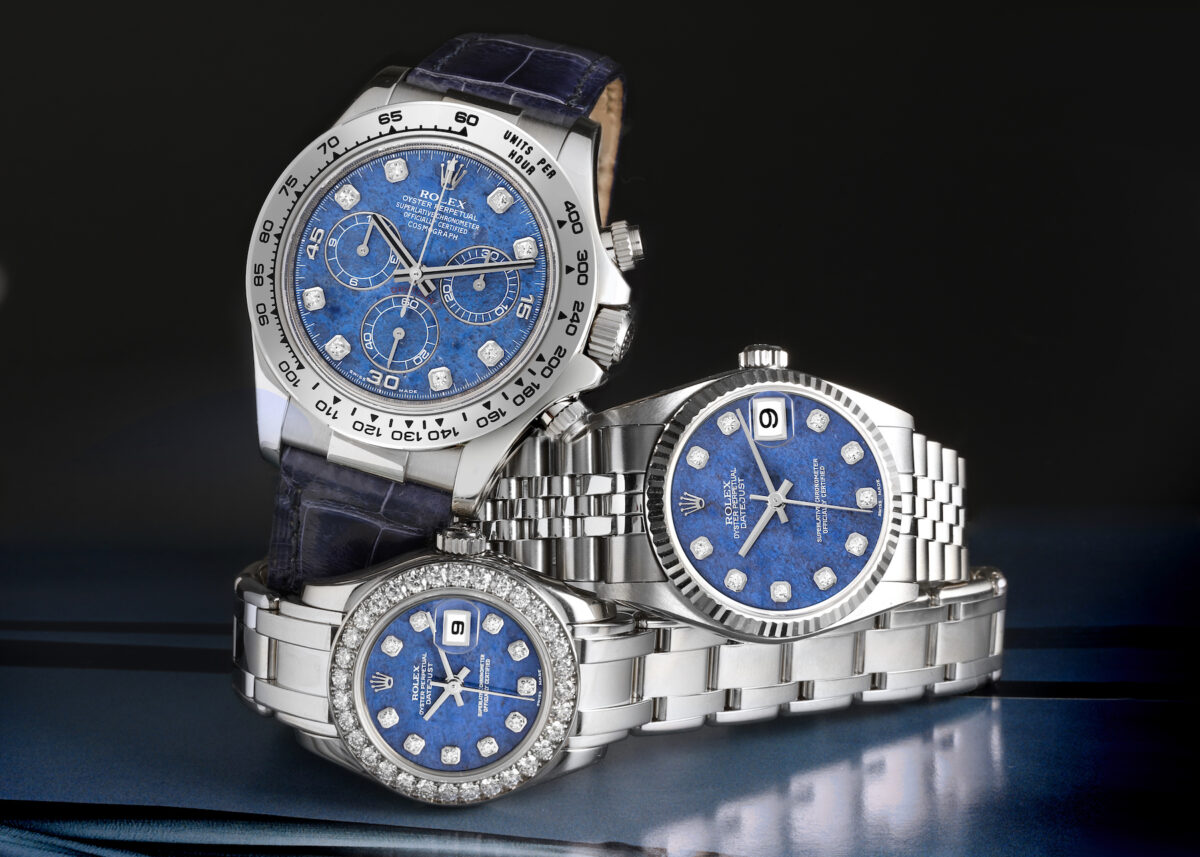Rolex Sodalite Dial Watches - Daytona Whie Gold 116519, Datejust Midsize 78274, and Pearlmaster 80299