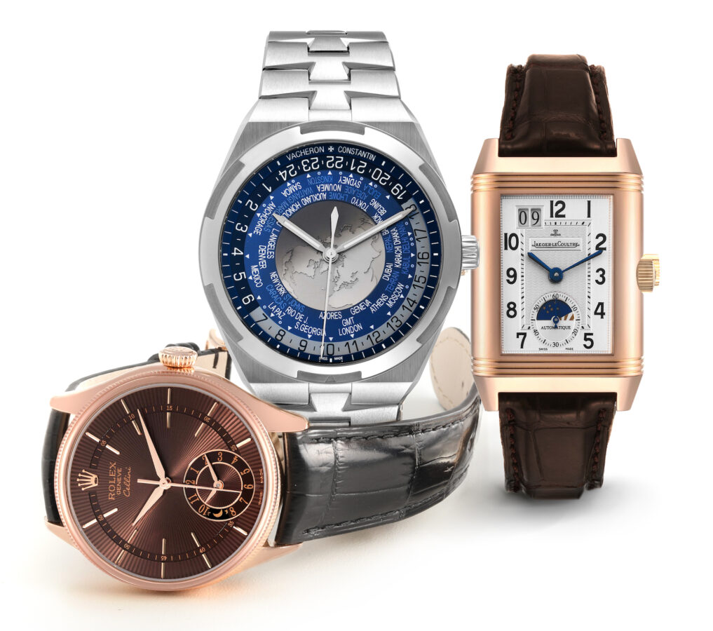 Day-Night Indicator Watches in Steel and Rose Gold - Rolex Cellini Dual Time, Jaeger LeCoultre Grande Reverso Sun Moon, and Vacheron Constantin Overseas World Time