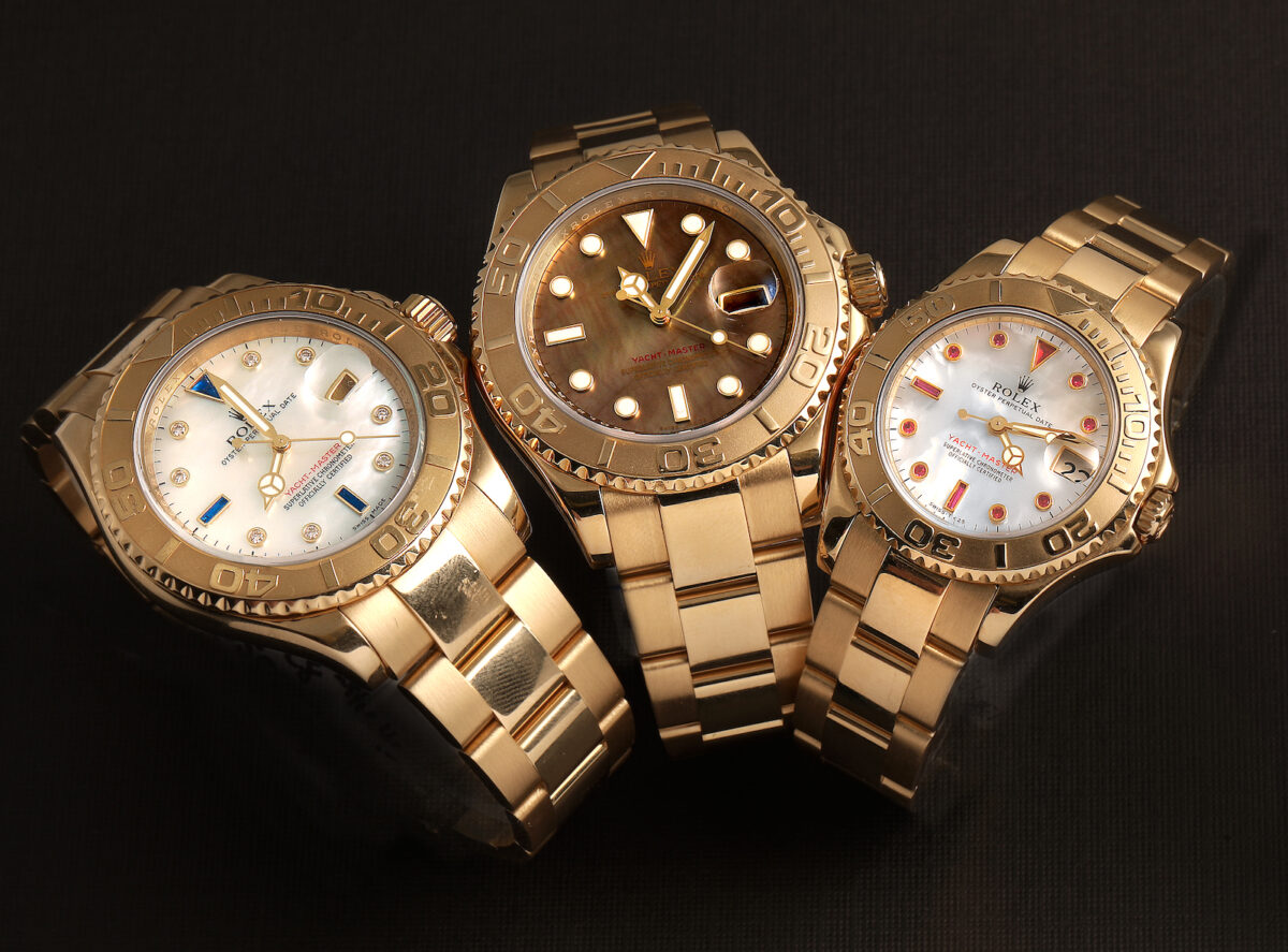 Rolex Yacht-Master Yellow Gold Mother of Pearl Watches in 35mm and 40mm sizes