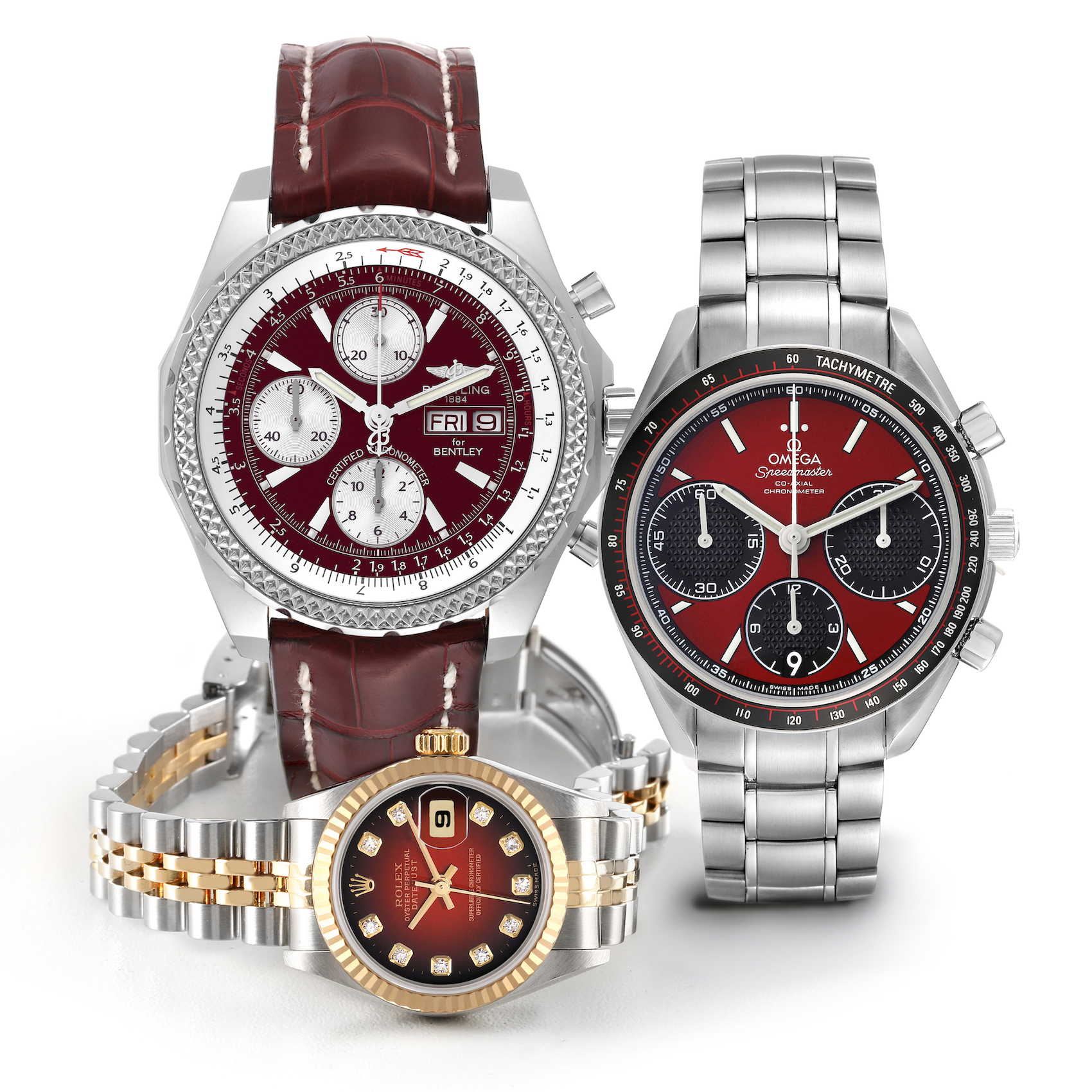 Red-accented watches in Steel and Steel and Yellow Gold - Rolex Datejust, Omega Speedmaster Racing, and Breitling Bentley Motors GT