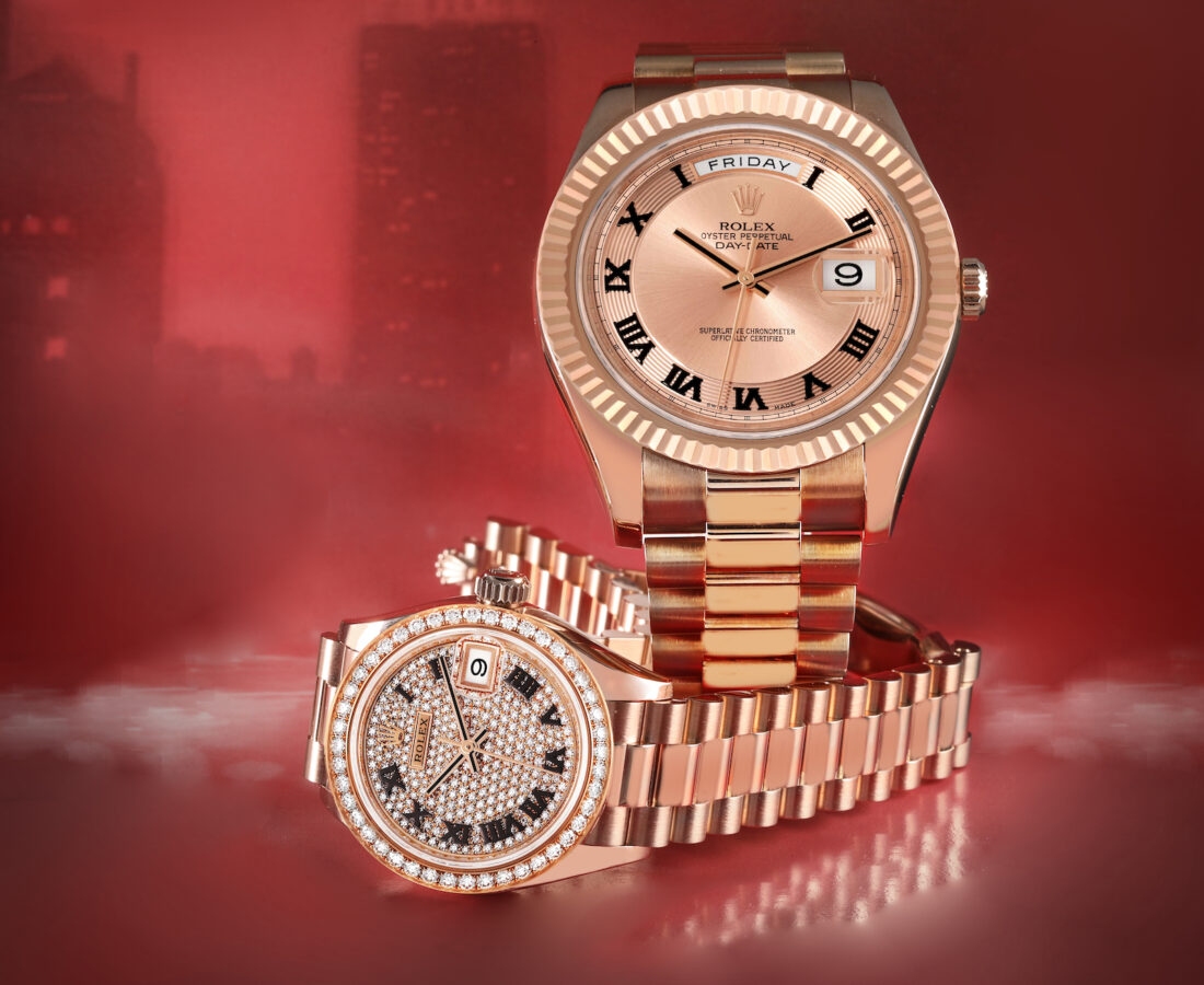 Rolex Day-Date II Everose Gold 218235 and Rolex President Datejust Pave Diamond Dial 279315