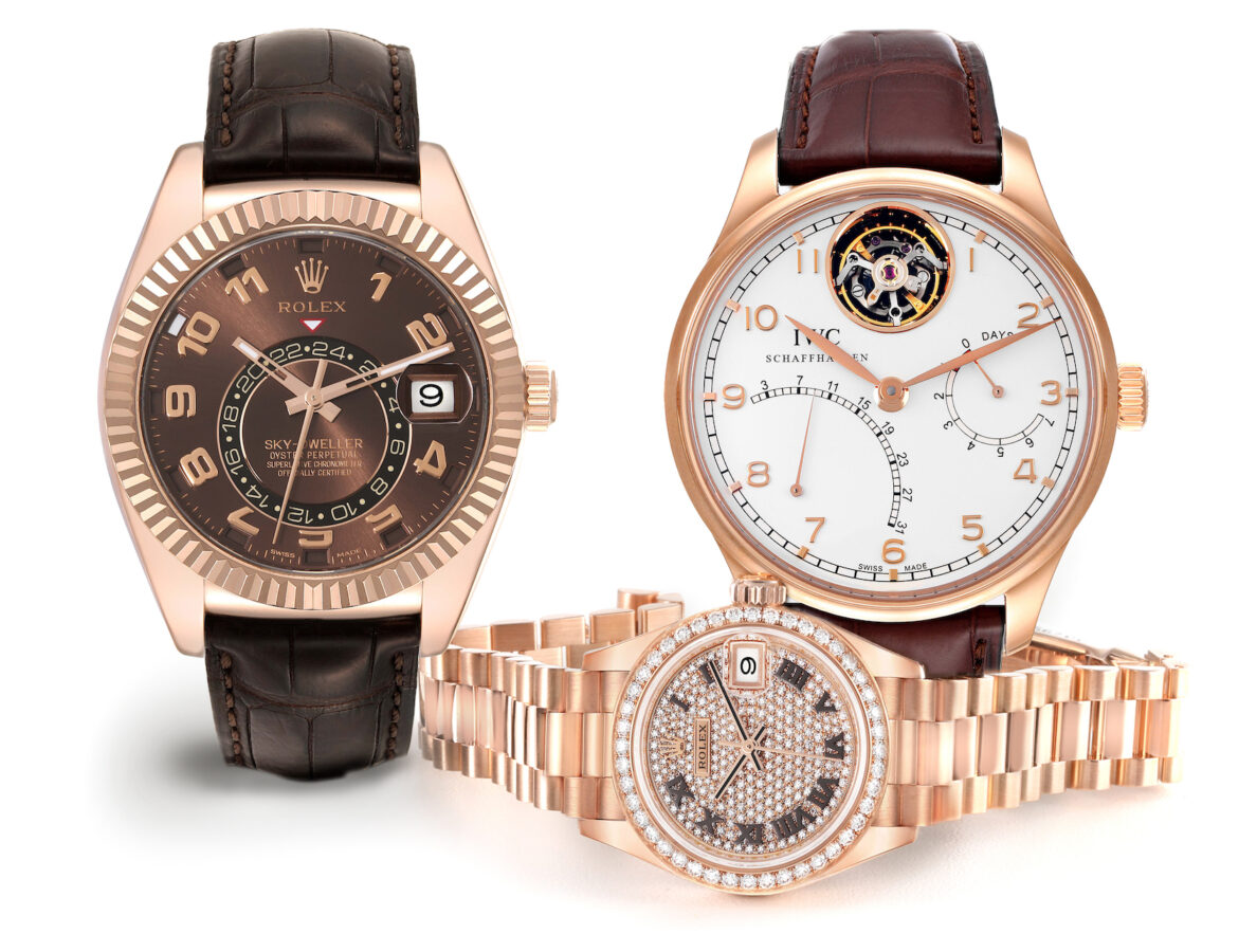 Rolex President 28 Rose Gold Pave Diamond Dial Ladies Watch 279135 (with Rolex Sky-Dweller and IWC Portuguese)