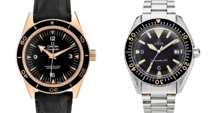 Omega Seamaster 300 Sedna Gold and Seamaster 300 from the 1960s (right photo: Christie's)