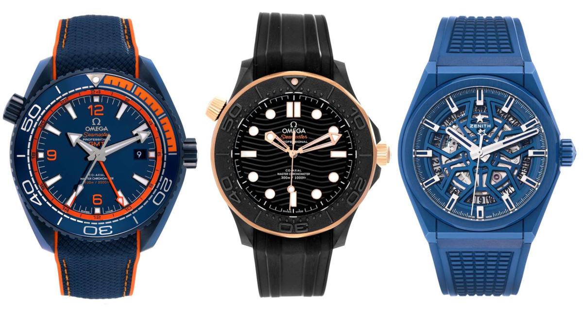 Ceramic Watches - Omega Planet Ocean Big Blue, Omega Seamaster, and Zenith Defy Classic Skeleton
