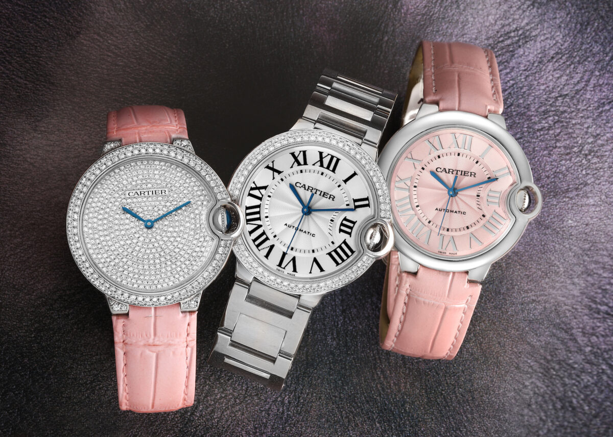 Cartier Ballon Bleu White Gold Pavé Diamond, Steel Diamond Bezel, and Steel Pink Dial Watches