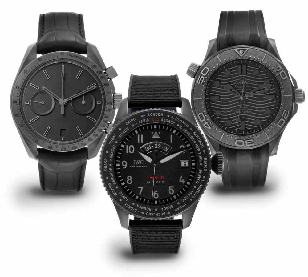 Monochromatic Watches in Black - IWC Pilot's Timezoner, Omega Speedmaster, and Omega Seamaster 300M