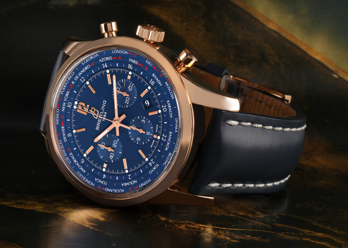 Breitling Transocean Blue Dial Rose Gold Mens Watch RB0510