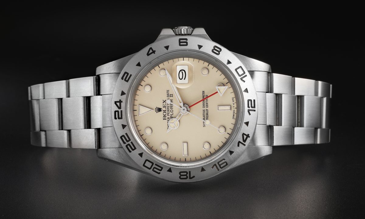 Rolex Explorer II GMT Transitional Lemon Cream Rail Dial Vintage Steel Mens Watch 16550