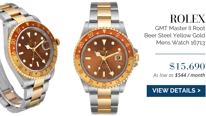 Rolex GMT Master II Root Beer Steel Yellow Gold Mens Watch 16713