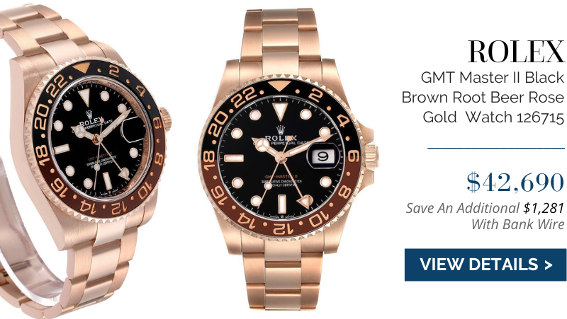 Rolex GMT Master II Black Brown Root Beer Rose Gold Mens Watch 126715 