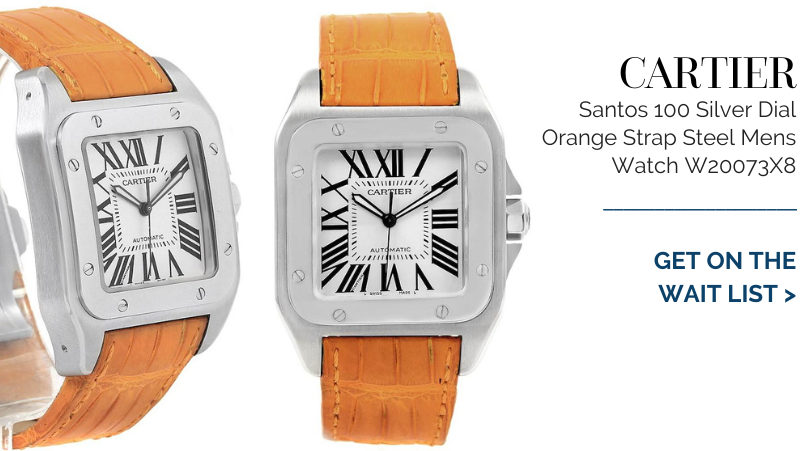 Cartier Santos 100 Silver Dial Orange Strap Steel Mens Watch W20073X8