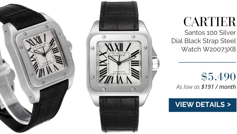 Cartier Santos 100 Silver Dial Black Strap Steel Mens Watch W20073X8