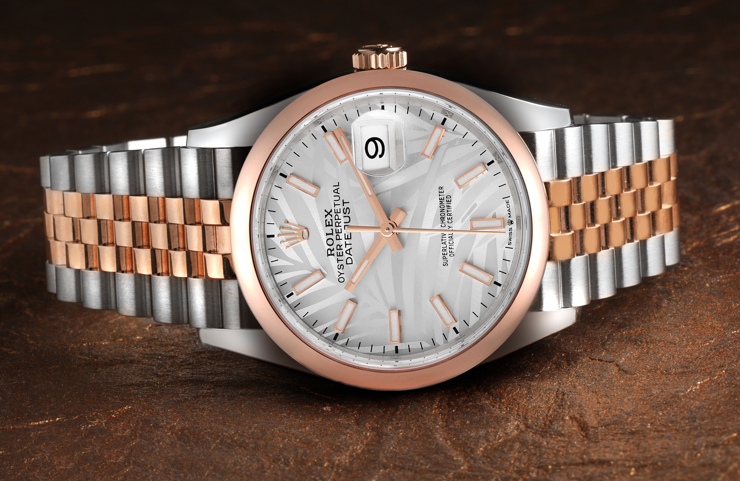 Rolex Datejust 36 Steel Rose Gold Silver Palm Dial Mens Watch 126201